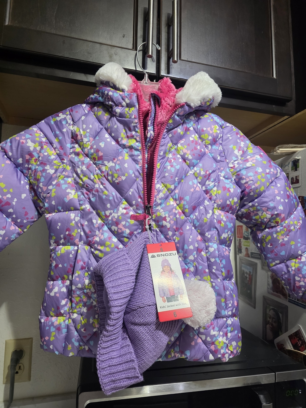 Snozu Purple Heart-Print Puffer Jacket with Matching Hat Girls 6